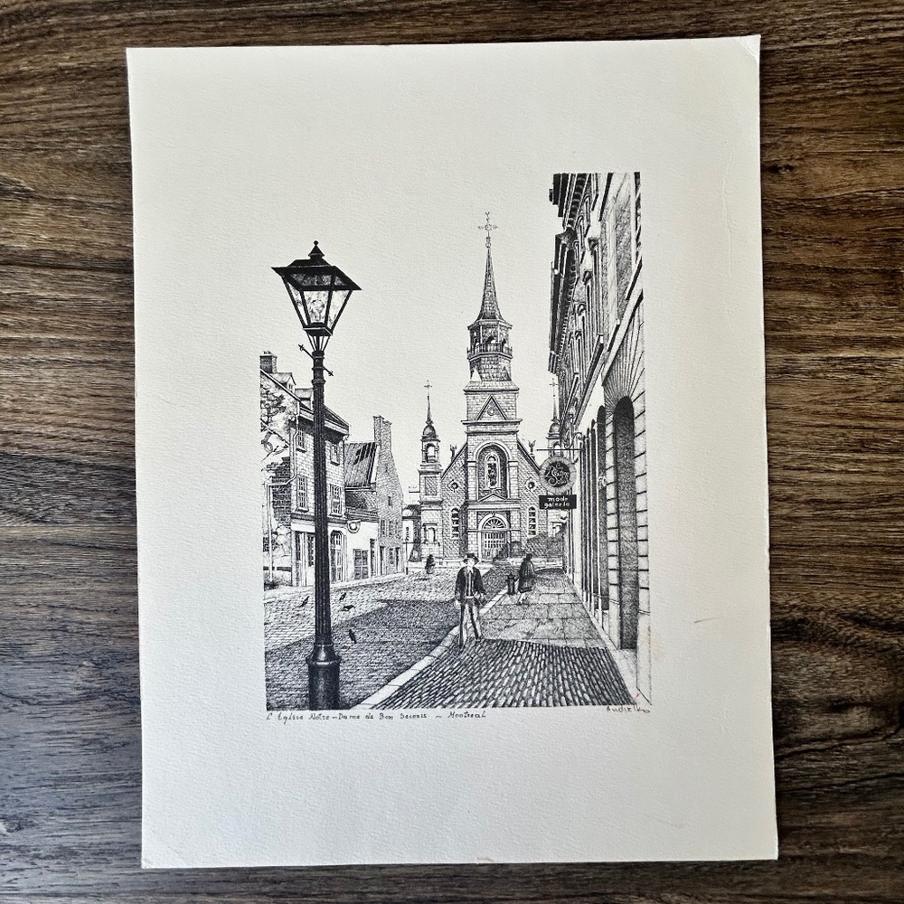 Art Pen Ink Vintage Montreal Canada Signed Print Eglise Bonsecours Church